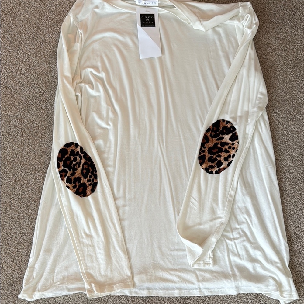 Cream Long Sleeve Relaxed Blouse with Leopard Elbow Patches